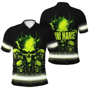Hi Vis Polo Shirt Reflective Tapes Green Neon Skull Custom Name Safety Custom Name Safety Workwear For Workers, Runners, Skull Lover