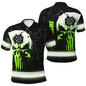 Hi Vis Polo Shirt Reflective Tapes Green Neon Skull Custom Name Safety Workwear For Workers, Truckers, Operators