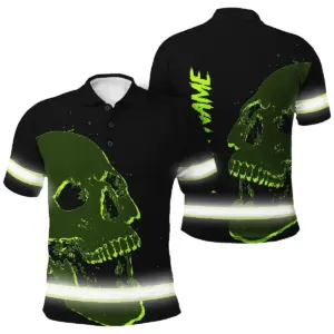 Hi Vis Polo Shirt Reflective Tapes Green Neon Skull Custom Name Safety Workwear For Workers, Runners, Skull Lover