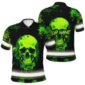 Hi Vis Polo Shirt Reflective Tapes Green Neon Skull Paint Flakes Custom Name Safety Workwear For Workers, Runners, Skull Lover