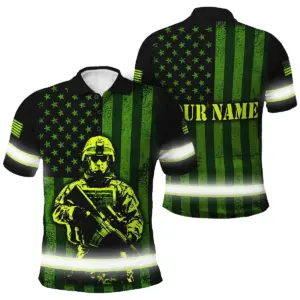Hi Vis Polo Shirt Reflective Tapes Green Neon Skull Veteran 2 Custom Name Safety Workwear For Workers, Runners