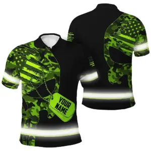Hi Vis Polo Shirt Reflective Tapes Green Neon Skull Veteran 3 Custom Name Safety Workwear For Workers, Runners, Skull Lover