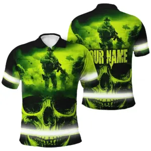 Hi Vis Polo Shirt Reflective Tapes Green Neon Skull Veteran Custom Name Safety Workwear For Workers, Runners, Skull Lover