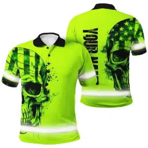 Hi Vis Polo Shirt Reflective Tapes Green Neon US Flag Skull Custom Name Custom Name Safety Workwear For Workers, Runners, Skull Lover