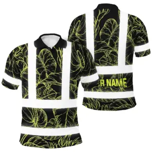 Hi Vis Polo Shirt Reflective Tapes Lime Neon Flowers Custom Name Safety Workwear For Workers, Truckers, Operators