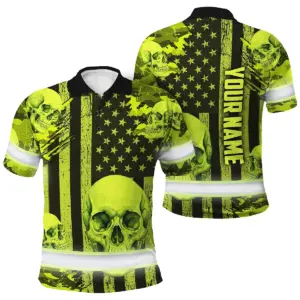 Hi Vis Polo Shirt Reflective Tapes Lime Neon US Flag Skull Custom Name Safety Workwear For Workers, Truckers, Operators