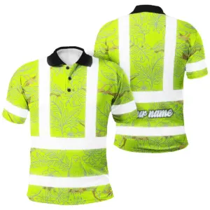 Hi Vis Polo Shirt Reflective Tapes Lime Neon White 2 Flowers Custom Name Safety Workwear For Workers, Truckers, Operators