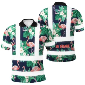 Hi Vis Polo Shirt Reflective Tapes Neon Pink Flowers 2 Custom Name Safety Workwear For Workers, Truckers, Operators