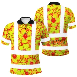 Hi Vis Polo Shirt Reflective Tapes Orange Neon And Yellow Flowers Custom Name Safety Workwear For Workers, Truckers, Operators