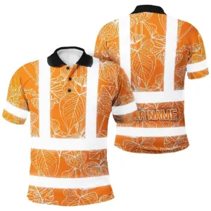 Hi Vis Polo Shirt Reflective Tapes Orange Neon Flowers Custom Name Safety Workwear For Workers, Truckers, Operators