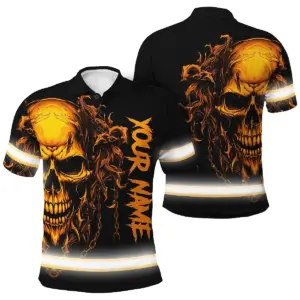 Hi Vis Polo Shirt Reflective Tapes Orange Neon Skull With Chains Custom Name Safety Workwear For Workers, Runners, Skull Lover