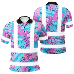 Hi Vis Polo Shirt Reflective Tapes Pink Neon And Blue Flowers Custom Name Safety Workwear For Workers, Truckers, Operators