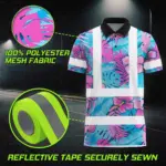 hi-vis-polo-shirt-reflective-tapes-pink-neon-and-blue-flowers-custom-cb743.webp