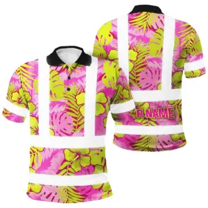 Hi Vis Polo Shirt Reflective Tapes Pink Neon And Lime Flowers Custom Name Safety Workwear For Workers, Truckers, Operators