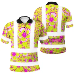 Hi Vis Polo Shirt Reflective Tapes Pink Neon And Lime Flowers Custom Name Safety Workwear For Workers, Truckers, Operators