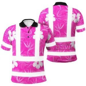 Hi Vis Polo Shirt Reflective Tapes Pink Neon Flowers Custom Name Safety Workwear For Workers, Truckers, Operators