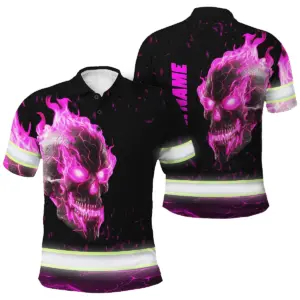Hi Vis Polo Shirt Reflective Tapes Pink Neon Skull Custom Name Safety Workwear For Workers, Truckers, Operators
