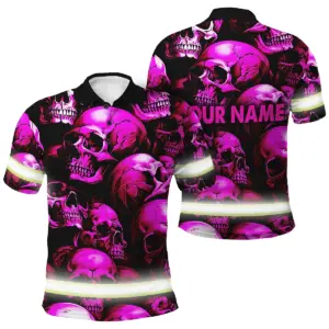 Hi Vis Polo Shirt Reflective Tapes Pink Neon Skull US Flag Custom Name Safety Workwear For Workers, Runners, Skull Lover