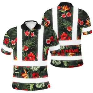 Hi Vis Polo Shirt Reflective Tapes Red Neon Flowers Custom Name Safety Workwear For Workers, Truckers, Operators
