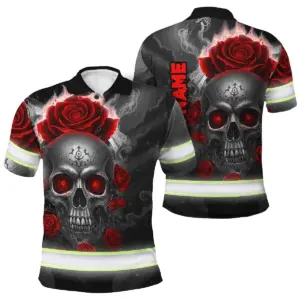 Hi Vis Polo Shirt Reflective Tapes Red Neon Grey Skull Custom Name Safety Workwear For Workers, Truckers, Operators