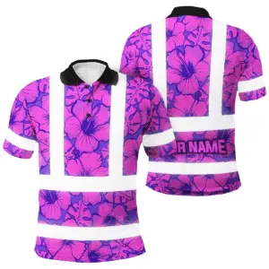 Hi Vis Polo Shirt Reflective Tapes Violet Neon And Pink Flowers Custom Name Safety Workwear For Workers, Truckers, Operators