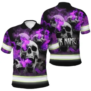 Hi Vis Polo Shirt Reflective Tapes Violet Neon Smoke Skull Custom Name Safety Workwear For Workers, Truckers, Operators
