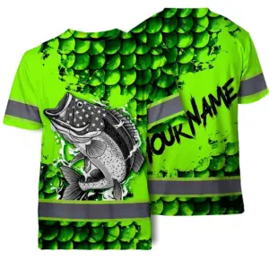 Hi Vis Shirt Reflective Fishing Green Neon Custom Name Safety Workwear For Fishing Lovers Workers, Runners, Cyclists, Trucker, Operator, Patriotic