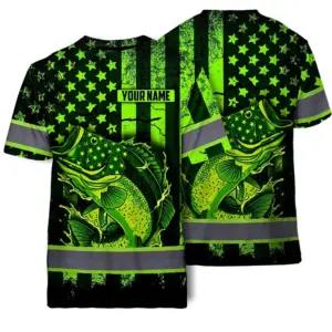 Hi Vis Shirt Reflective Fishing Green Neon US Flag Custom Name Safety Workwear For Fishing Lovers Workers, Runners, Cyclists, Trucker, Operator, Patriotic