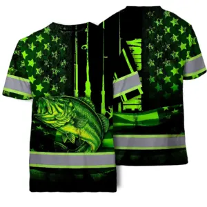 Hi Vis Shirt Reflective Fishing US Flag Custom Name Safety Workwear For Fishing Lovers Workers, Runners, Cyclists, Trucker, Operator, Patriotic