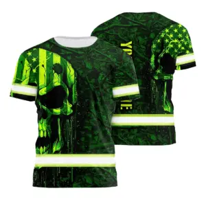 Hi Vis Shirt Reflective Green Neon Hunting Camo Skull Custom Name Safety Workwear For Workers, Runners, Skull Lover