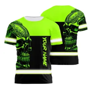 Hi Vis Shirt Reflective Green Neon Skull 3 Custom Name Safety Workwear For Workers, Runners, Skull Lover
