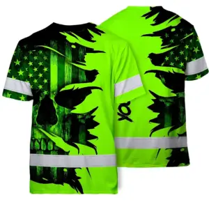 Hi Vis Shirt Reflective Green Neon Skull US Flag Scratch Custom Name Safety Workwear For Workers, Runners, Cyclists, Trucker, Operator, Patriotic