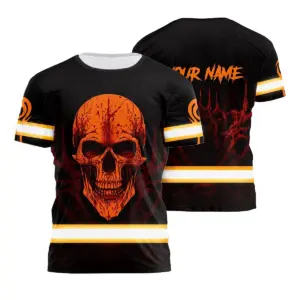 Hi Vis Shirt Reflective Orange Neon Skull Custom Name Safety Workwear For Workers, Runners, Skull Lover
