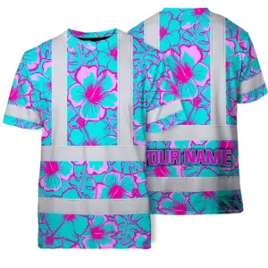 Hi Vis Shirt Reflective Tapes Blue Neon And Pink Flowers Custom Name Safety Workwear For Workers, Truckers, Operators