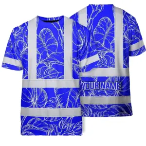 Hi Vis Shirt Reflective Tapes Blue Neon Flowers Custom Name Safety Workwear For Workers, Truckers, Operators