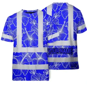 Hi Vis Shirt Reflective Tapes Blue Neon Flowers Custom Name Safety Workwear For Workers, Truckers, Operators