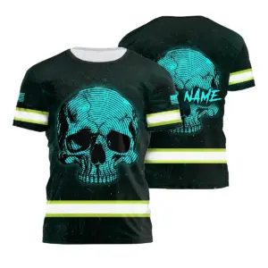 Hi Vis Shirt Reflective Tapes Blue Neon Skull US Flag Custom Name Safety Workwear For Workers, Runners, Skull Lover