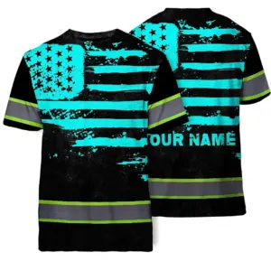 Hi Vis Shirt Reflective Tapes Blue Neon US Flag Custom Name Safety Workwear For Workers, Runners, Cyclists