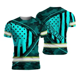 Hi Vis Shirt Reflective Tapes Blue Neon US Flag Wave Custom Name Safety Workwear For Workers, Runners, Cyclists