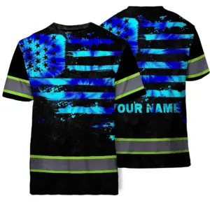 Hi Vis Shirt Reflective Tapes Blue Tie Dye US Flag Custom Name Safety Workwear For Workers, Runners, Cyclists