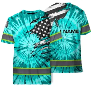 Hi Vis Shirt Reflective Tapes Blue Tie Dye US Flag Scratch Custom Name Safety Workwear For Workers, Runners, Cyclists