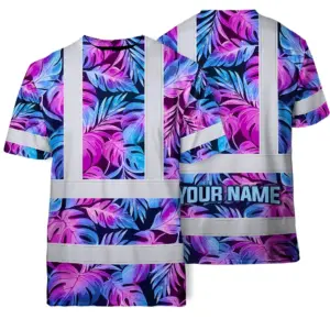 Hi Vis Shirt Reflective Tapes Gradient Blue Violet Custom Name Safety Workwear For Workers, Truckers, Operators