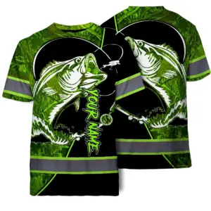 Hi Vis Shirt Reflective Tapes Green Bass Fish Fishing Safety Workwear For Fishing Lovers Workers, Runners, Cyclists, Trucker, Operator, Patriotic