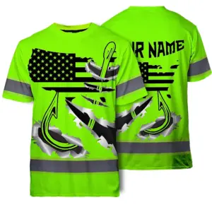 Hi Vis Shirt Reflective Tapes Green Bass Fish Fishing US Flag Safety Workwear For Fishing Lovers Workers, Runners, Cyclists, Trucker, Operator, Patriotic