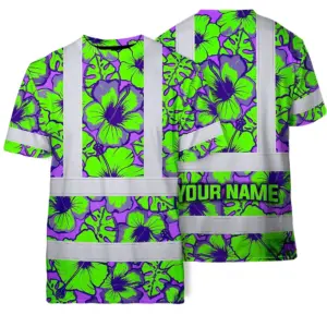 Hi Vis Shirt Reflective Tapes Green Neon And Violet Flowers Custom Name Safety Workwear For Workers, Truckers, Operators