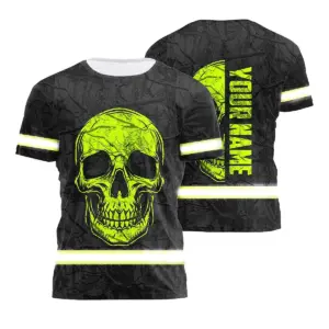 Hi Vis Shirt Reflective Tapes Green Neon Camo Hunting Custom Name Safety Workwear For Workers, Runners, Skull Lover