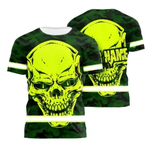 Hi Vis Shirt Reflective Tapes Green Neon Camo Skull Custom Name Safety Workwear For Workers, Runners, Skull Lover
