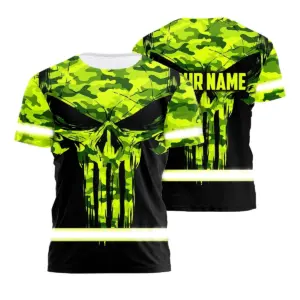 Hi Vis Shirt Reflective Tapes Green Neon Camo Skull Custom Name Safety Workwear For Workers, Runners, Skull Lover