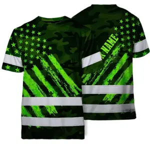 Hi Vis Shirt Reflective Tapes Green Neon Camo US Flag Custom Name Safety Workwear