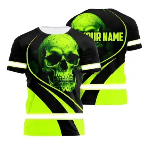 Hi Vis Shirt Reflective Tapes Green Neon Skull Custom Name Safety Workwear For Workers, Runners, Skull Lover